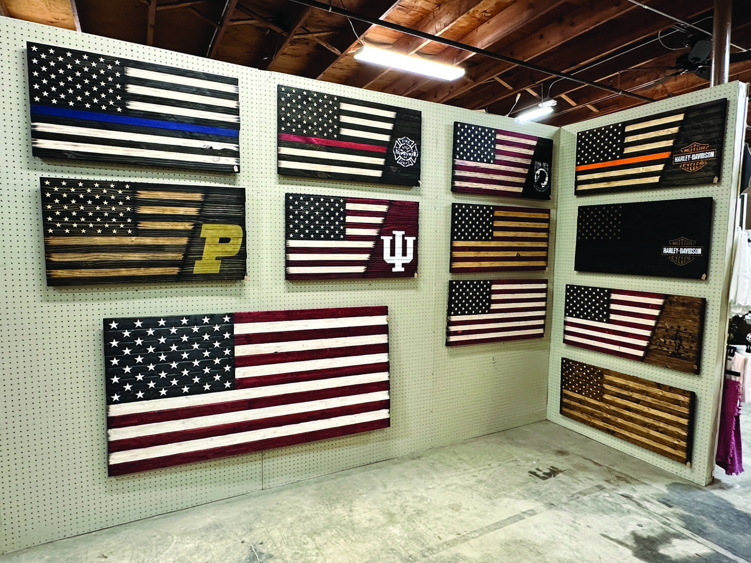 Hand-crafted wooden flags.