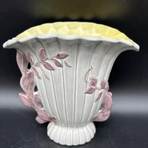 Red Wing Pottery Vase with 3D purple vines on white background and yellow interior